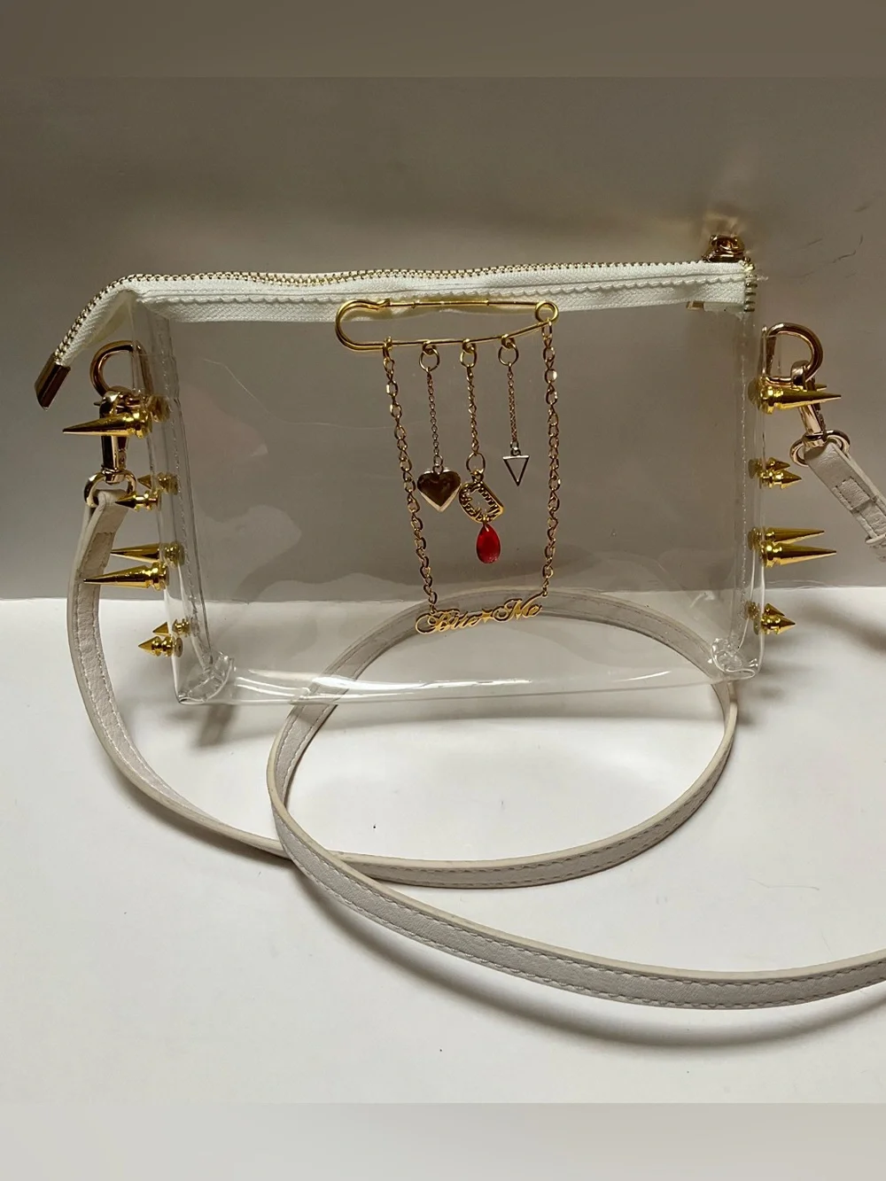 BITE ME Spike Studded Gothic Transparent Bag Crossbody Clear Clutch Gold